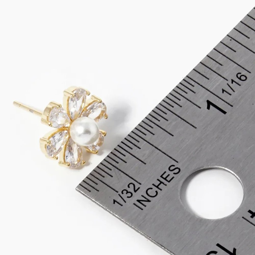 Pink Lemonade 18K Gold Dipped Pearl Cubic Zirconia Pave Flower Sterling Studs